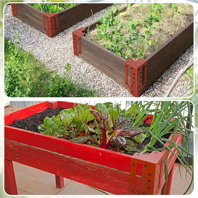 12 Pack Raised Garden Bed Corner Brackets with Securing Lip Fits Lumber up to 2" x 12" Metal Garden Corner Bracket for Wood Frame Bed 4.7" L x 2" W x 10.5" H (Sand Red)