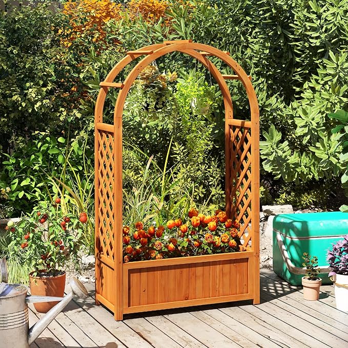HAPPYGRILL Raised Garden Bed with Trellis, Wooden Elevated Planter Box w/Ached Roof & Detachable Bottom Panels, Liner, Drainage, Indoor Outdoor Wood Planter for Climbing Plants Vine Flower (1)