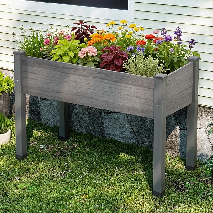 AMERLIFE Raised Garden Bed, 48x30x24 Inches Elevated Wood Planter Box with Bed Liner, Legs, Divider, Drainage Holes, Stand for Backyard, Patio, 200 Lb Capacity - Grey