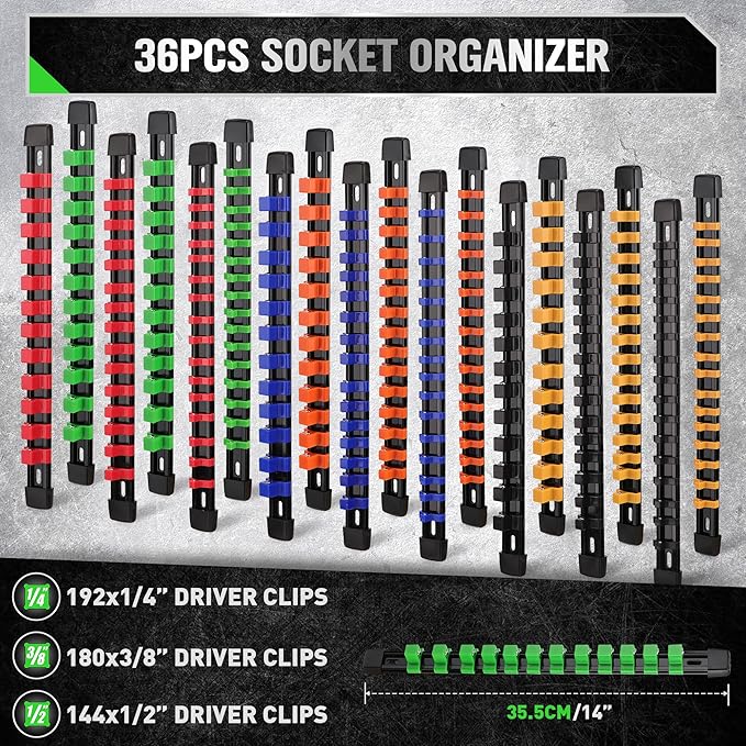 SWANLAKE 36-Piece Socket Organizer, 1/4-Inch x 192 Clips, 3/8-Inch x 180 Clips, 1/2-Inch x 144 Clip, Socket Holder Clip Rail, Drive Sockets Trays for Tool Box Drawer