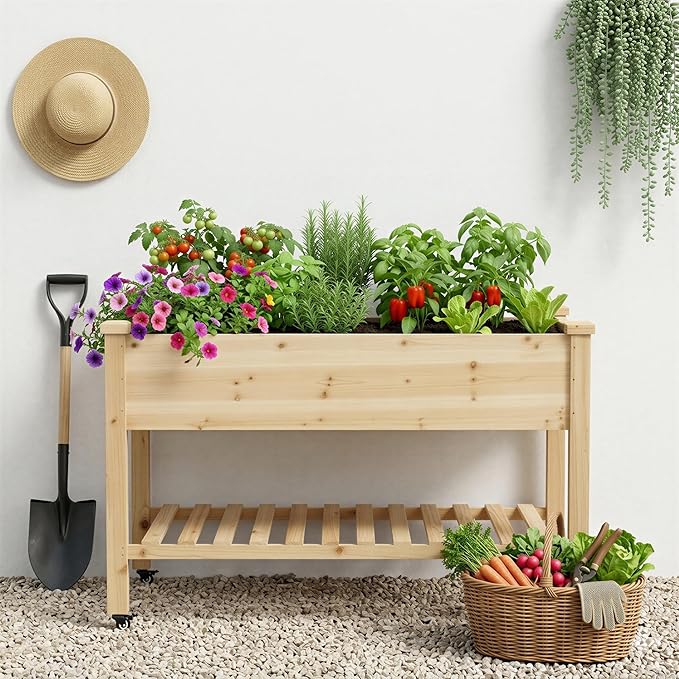 Raised Garden Bed with Lockable Wheels, 48 x 24 x 32 Inch Wooden Planter Box with Storage Shelf, 300 lb Capacity Mobile Outdoor Planter for Vegetables, Flowers, Herbs, Natural Wood