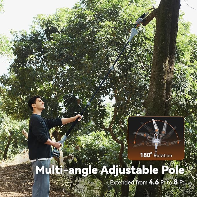 2-in-1 Pole Saw for Tree Trimming, 8-Inch Cordless Brushless Chainsaw with Adjustable Extension Pole, 2×4.0Ah Rechargeable Batteries & Charger, Auto Oiling, 15 Ft Max Reach