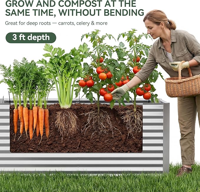 Lineware 8x4x3 ft Tall Galvanized Raised Garden Bed with Self-Watering System, Elevated Planter Boxes Outdoor, Rectangular Deep Raised Beds for Gardening,Vegetables,Flowers, Backyard, Patio