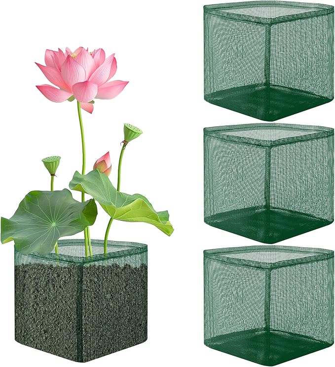 EBaokuup 4 Pcs Aquatic Pond Planting Bags-7" Reusable Mesh Water Garden Pond Plant Pot-Breathable Green Square Lily Plant Pots for Pond Bog Plant Garden Terrestrial Plant