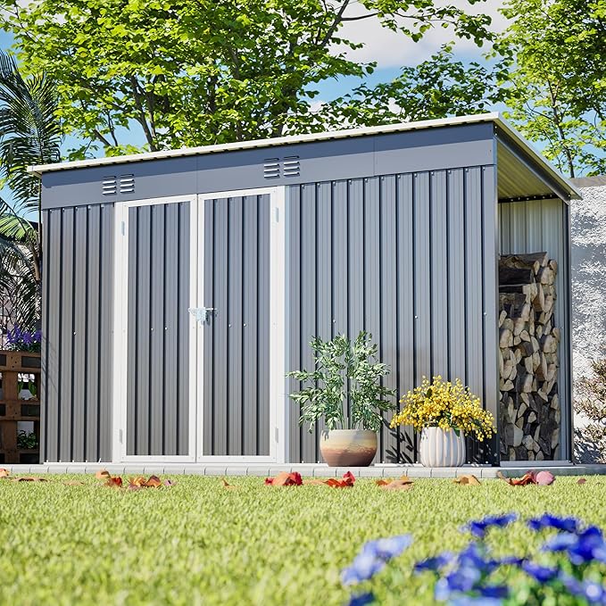 10'x4' Waterproof Storage Shed with 2.3'x3.6' Side Space, Heavy Duty 2-in-1 Garden Tool Shed with Lockable Door & Floor Frame for Backyard, Patio, Lawn, Bicycles, Galvanized Steel, Gray