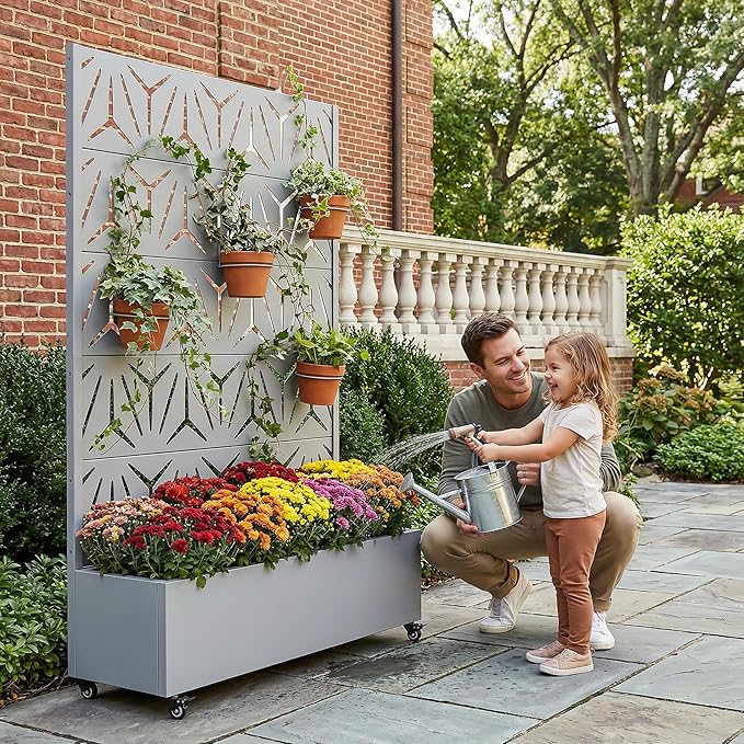 Casaphoria Metal Raised Garden Bed with Trellis and Wheels, 72"x47"x16" Arched Planter Box for Climbing Plants, Vegetables & Vines, Features Drainage Holes and Privacy Screen, Grey-Star