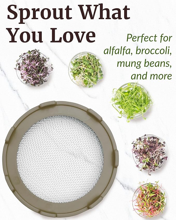 Elementi Sprouting Kit - Set of 2 Sprouting Lids for Wide Mouth Mason Jars, Sprouts Growing Kit for Bean Sprouts (Mushroom)