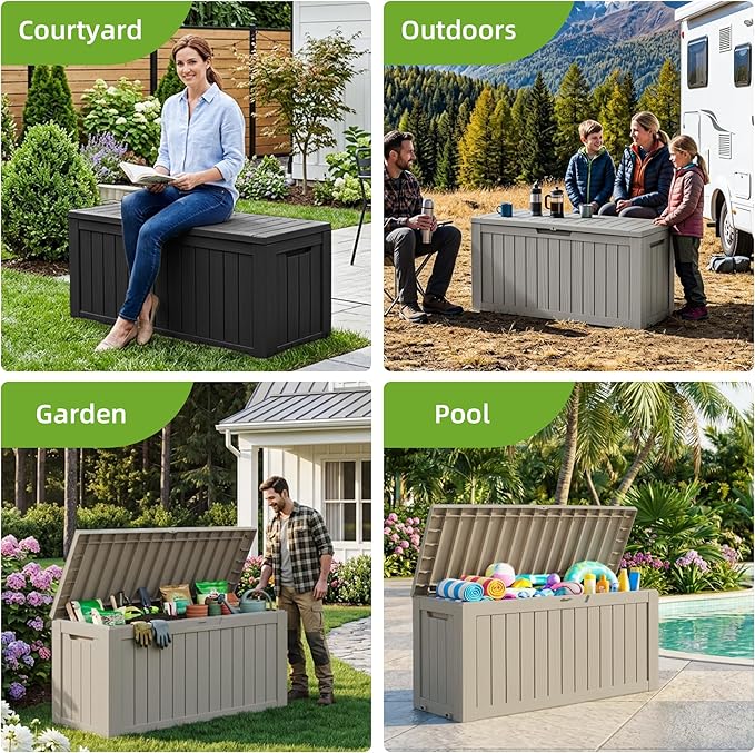 85 Gallon Outdoor Storage Deck Box Waterproof Resin Lockable Outside Bench Porch Patio Furniture Pool Float Garden Tool Cushion UV Resistant Bin Beige