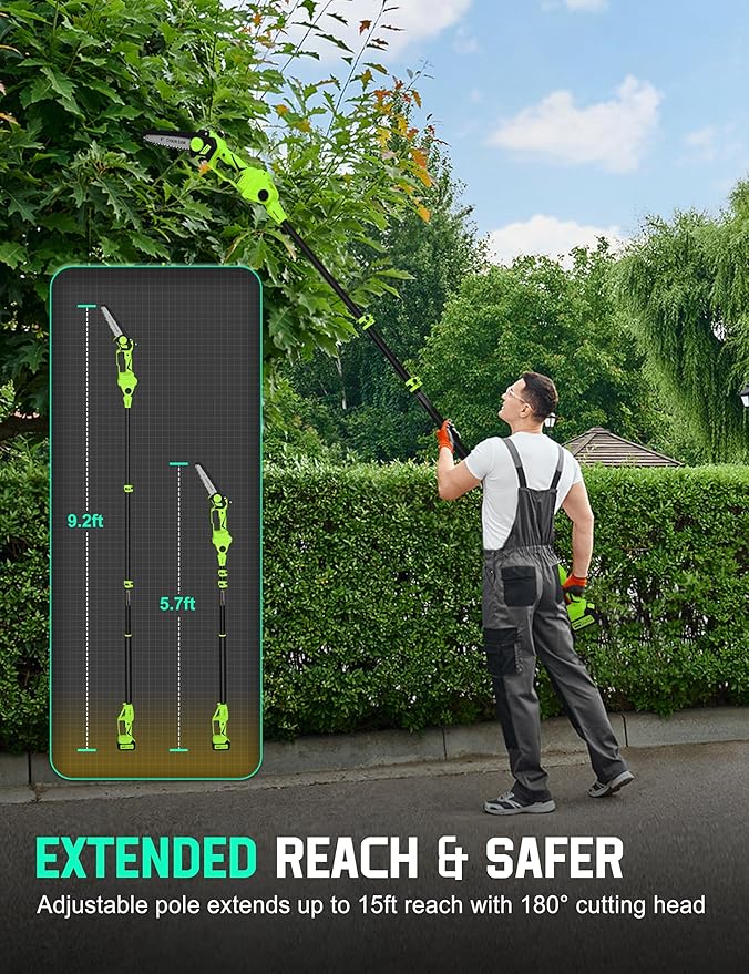 8“ Electric Pole Saws for Tree Trimming, 2-in-1 Pole Saw Cordless & Mini Chainsaw with Extension Pole, 15FT Max Reach Pole Saw Battery Powered, Tree Trimmer Limb Branch Cutter Pruner, 2×3.0Ah Battery