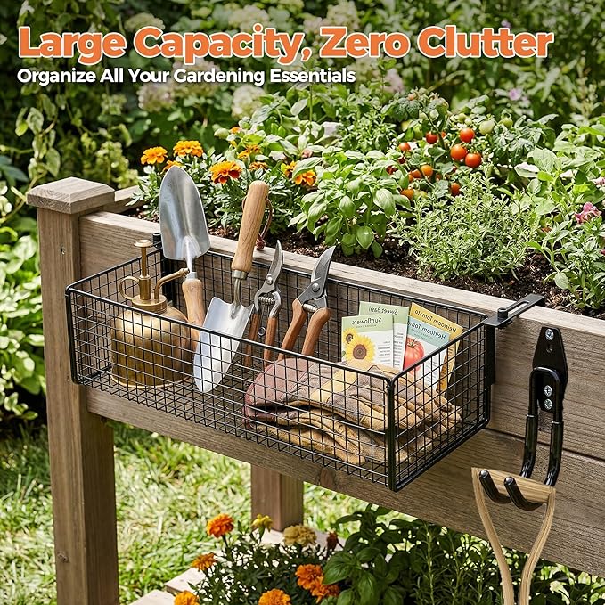Metal Raised Garden Bed Hanging Storage Basket Includes Hooks, 15.6 x 5.8 x 3.8in Flower Bed Clip-On Hanging Organizer Basket for Raised Garden Beds Kit for Gardening Tools & Supplies