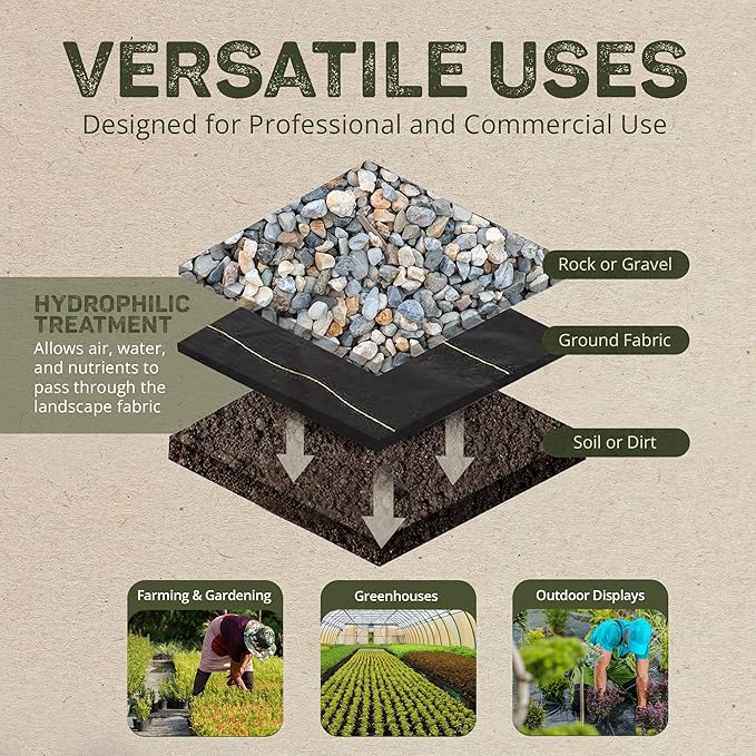 Dewitt 3-Pack Pro-5 Weed Barrier Fabric 5 oz, 4 x 250 Feet – Heavy-Duty Woven Landscape Ground Cover Mat for Raised Garden Bed, Greenhouse Gardening, Outdoor Landscaping, and Commercial Planting