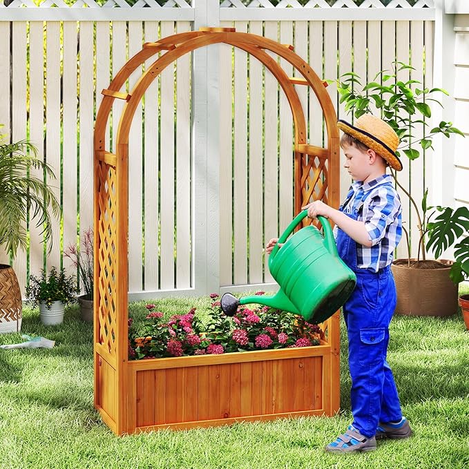 HAPPYGRILL Raised Garden Bed with Trellis, Wooden Elevated Planter Box w/Ached Roof & Detachable Bottom Panels, Liner, Drainage, Indoor Outdoor Wood Planter for Climbing Plants Vine Flower (1)