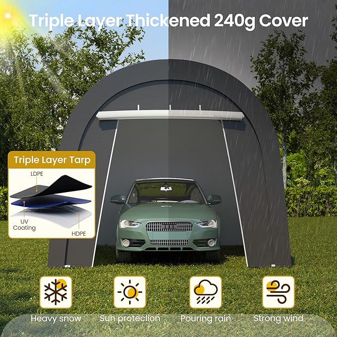 Kiss the Water Domed Carport with 4 Cloth Bags, Portable Garage with 2 Roll-up Doors, Heavy Duty Car Canopy Party Tent, All-Season Storage Shelter Shed for Cars, Truck, or Garden Tools, 10' x 15'