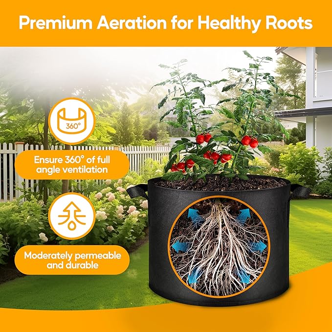 Simple Deluxe Grow Bags 7 Gallon 5 Pack Planter Pots with Handles, Thickened Nonwoven Fabric Aeration Cloth Bag, Heavy Duty Gardening for Tomoato, Potato, Vegetable, Herbs and Flowers, Black