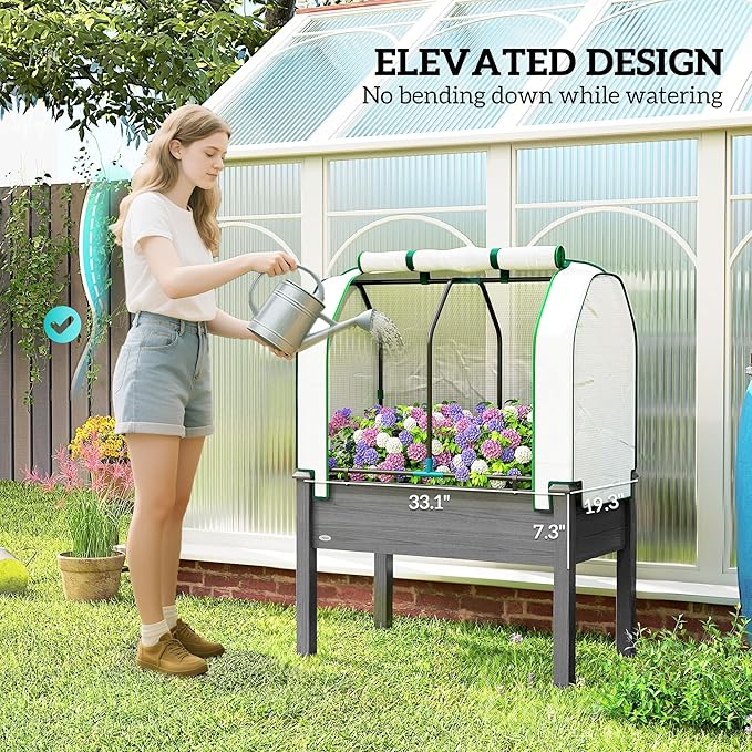 Outsunny Raised Garden Bed with PE Greenhouse Cover Outdoor Elevated Wood Planter Box for Herbs and Vegetables, Use for Patio, Backyard, Balcony, 35 x 22 x 47 inch, Dark Gray