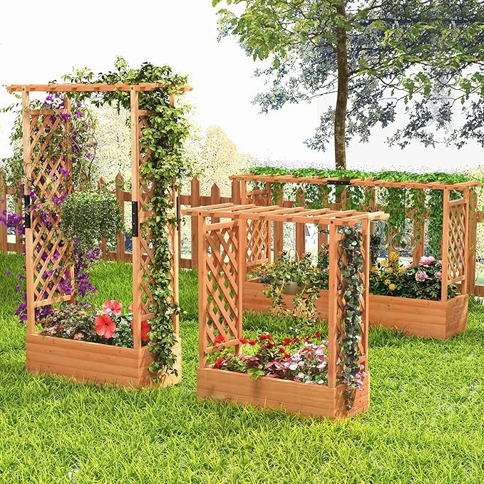 S AFSTAR 72-Inch Raised Garden Bed with Arch Trellis, Hanging Roof & Drainage Holes, Vertical Plant Container for Vine Climbing Plant Flower, Indoor Outdoor Wood Elevated Planter Box for Garden Patio