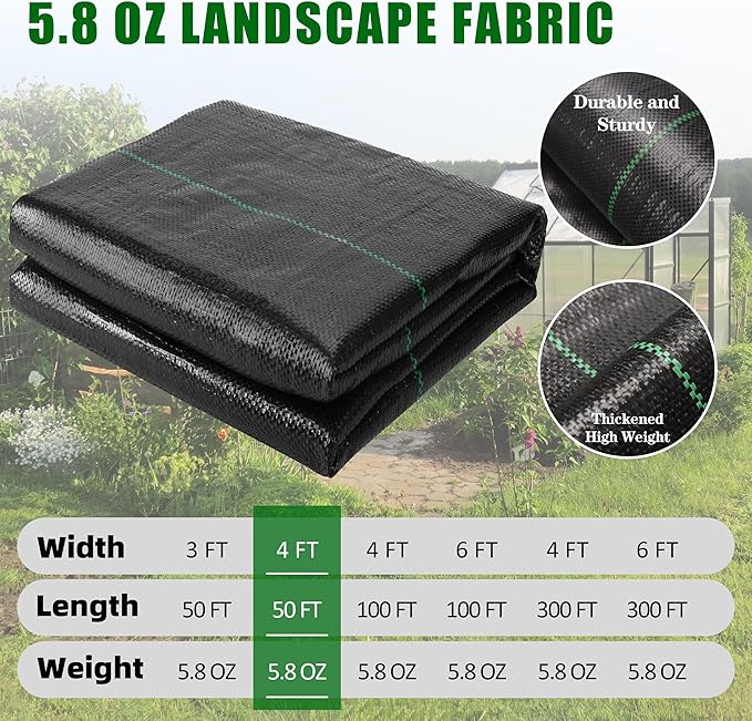 4FT x 50FT Weed Barrier Fabric Heavy Duty, 5.8oz Landscaping Fabric Woven Landscape Ground Cover for Gardens & Lawns