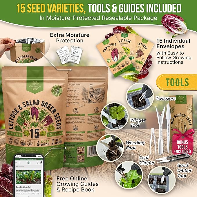 Organo Republic 15 Lettuce & Salad Greens Seeds Variety Pack 17700+ Non-GMO Heirloom Lettuce Seeds for Indoors & Outdoors Garden, Hydroponics, Aerogarden - Arugula, Kale, Spinach, Swiss Chard, Lettuce