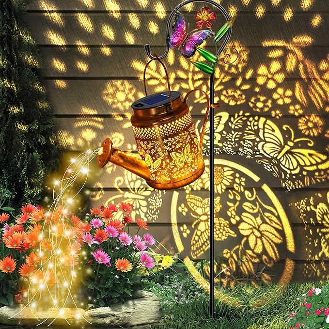 Big Solar Butterfly Watering Can Lights, Gift For Mom Grandma Women Wife Daughter Mother's Day, Waterproof Hanging Lantern Lights With Shepherd Hook, Outdoor Decor For Garden Patio Yard Porch Backyard