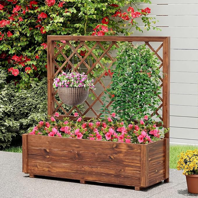Giantex Raised Garden Bed Set 2 w/Trellis, Drainage Hole, 39”x14”x40” Wood Elevated Planter Box for Climbing Vine Flower Herb Vegetable Fruit, Planting Container for Indoor Outdoor Patio Balcony