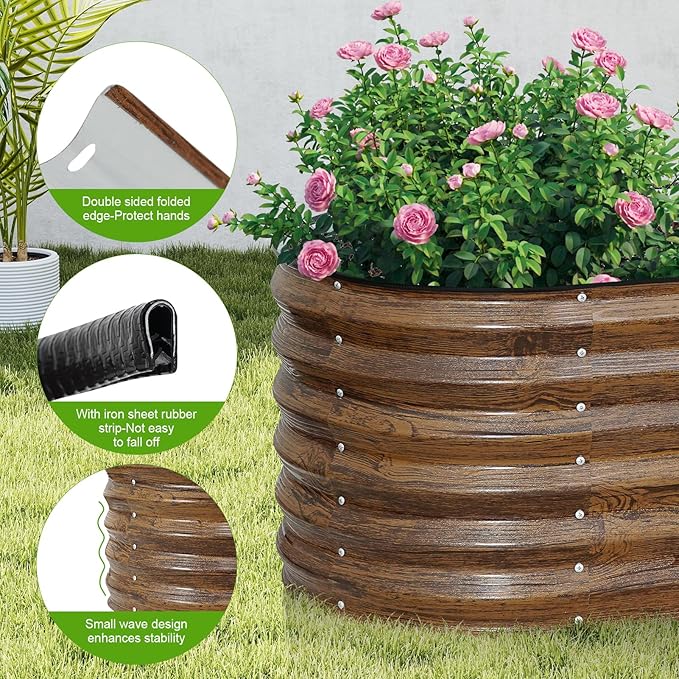 ZORMY Galvanized Raised Garden Bed Outdoor- 6x2x1.4ft Oval Steel Raised Beds for Gardening, Metal Planter Box with Protective Strip and Gloves for Vegetables, Flowers, Fruits (Brown)