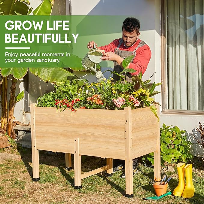 AMERLIFE 4x2 Ft Raised Garden Bed with Legs and Drainage Holes, 16 Inch Deep Elevated Wood Planter Box for Vegetables, Flowers, Herbs, Balcony, Patio, Backyard