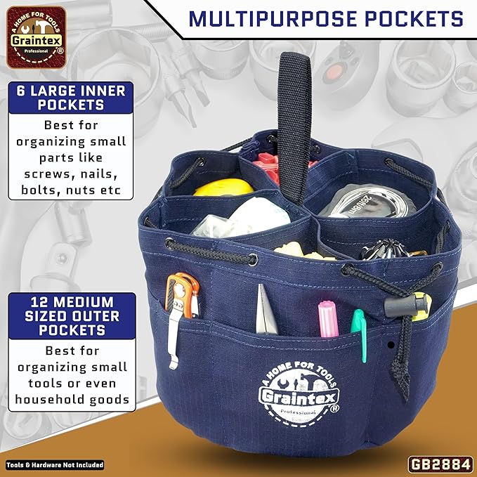 Graintex 18 Pockets Grab Bag Rip-stop Canvas Drawstring Closure, Small Part Organizer Pouch, Small Tools, Screws, Parts, Parachute Tool Bag for Efficient Storage - Navy Blue