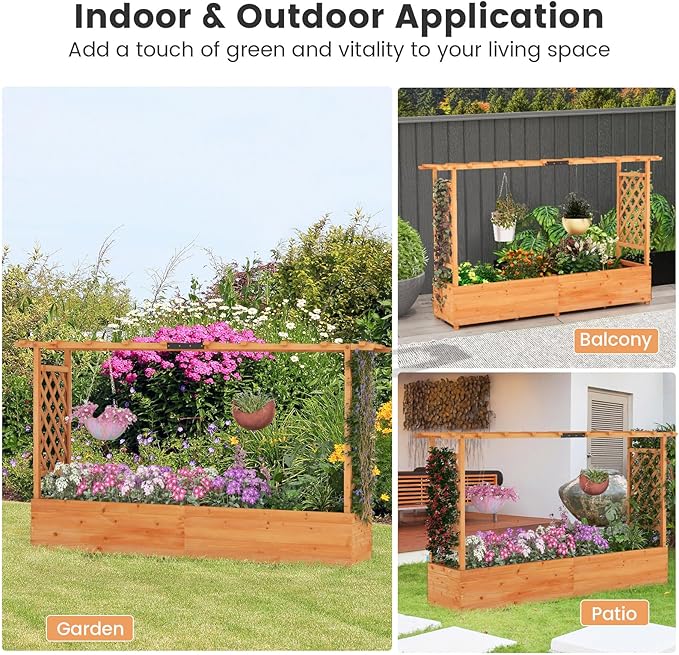 S AFSTAR 45-Inch Raised Garden Bed with Arch Trellis, Hanging Roof, Planter Box, Drainage Holes, Vertical Plant Container for Vine Climbing Plant Flower, Flower Bed Wood Planter for Indoor & Outdoor