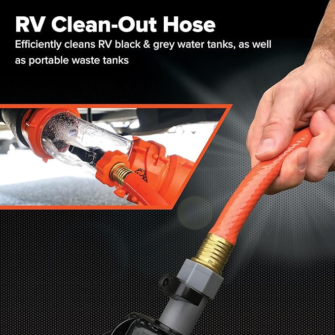 Camco Rhino 25-Ft Clean-Out Camper/RV Black Water Hose - Features a Heavy-Duty PVC Design & Bright Orange Color - Clean-Out Camper Black Water, Grey Water or Tote Tanks - 5/8” Inside Diameter (22990)