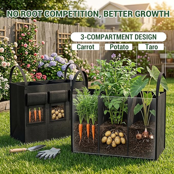 16 Gallon 2 Pack Potato Grow Bags with Harvest Window & Handles, 3-Compartment Nonwoven Fabric Planters Grow Bags for Potatoes, Potato Planter for Growing Tomato, Vegetables, Flower