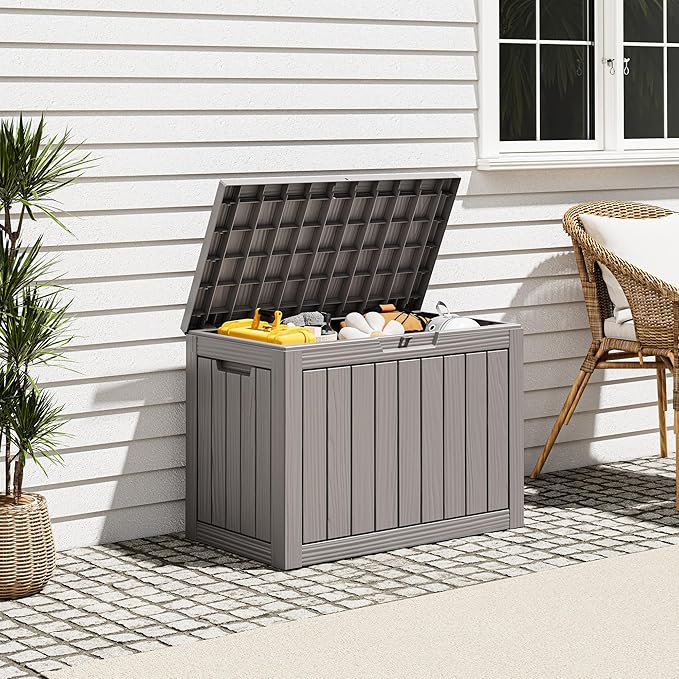 Oudoor Storage Deck Boxes Waterproof, Waterproof and UV Resistant Outdoor Storage Box Lockable Lid for Delivery Box, Indoor, Garden Tools, Pool Supplies, Patio (Grey, 45 Gallon)