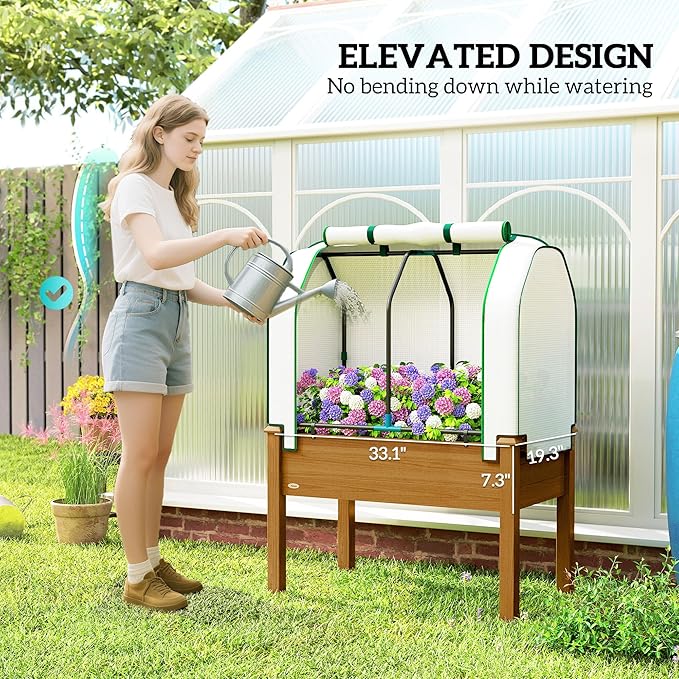Outsunny Raised Garden Bed with PE Greenhouse Cover Outdoor Elevated Wood Planter Box for Herbs and Vegetables, Use for Patio, Backyard, Balcony, 35 x 22 x 47 inch, Brown