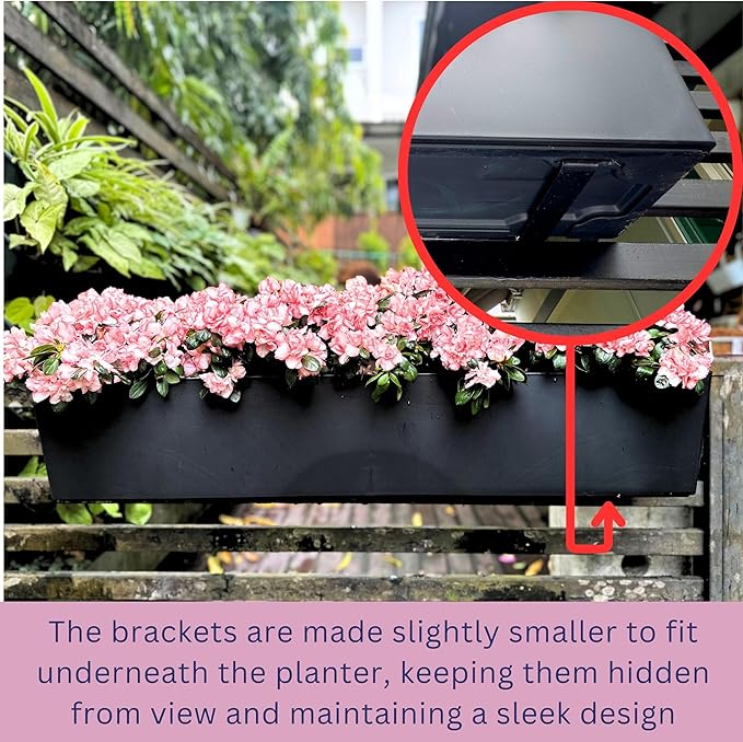 LaLaGreen Rail Planter for Balcony Outdoor (1 Pack, 40 Inch) Large Black Self Watering Railing Planters with Brackets, Rectangular Plastic Window Flower Box Simple Designer Choice with Rattan Pattern