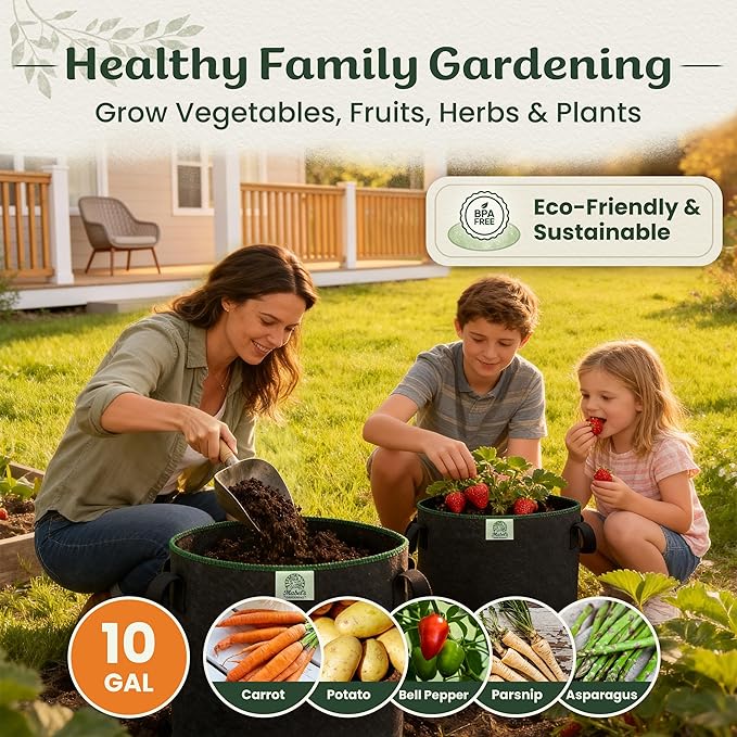Mabel's Gardening 10-Pack 10 Gallon Grow Bags - Garden Planting Bags 13.4 x 16.3 INCH Made of 8.85 oz/yd² (300g/m²) Felt & Fleece Fabric Plant Pot, Plant Bag, Grow Bag for Carrot Potato Tomato