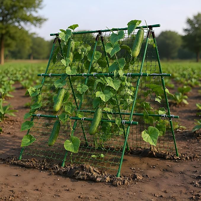 4ft x 4ft Green Metal a-Frame Cucumber Trellis for Climbing Plants – Foldable Garden Support for Cucumbers, Tomatoes, Peas, Beans & Vines with Netting – Fits Raised Beds