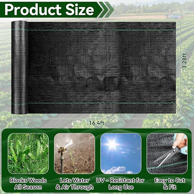 Weed Barrier Fabric Heavy Duty - 3.2x16.4ft Premium Landscape Fabric, Woven Geotextile Garden Weed Cloth UV-Resistant Ground Cover Mat for Gardening Farming Outdoor Landscaping