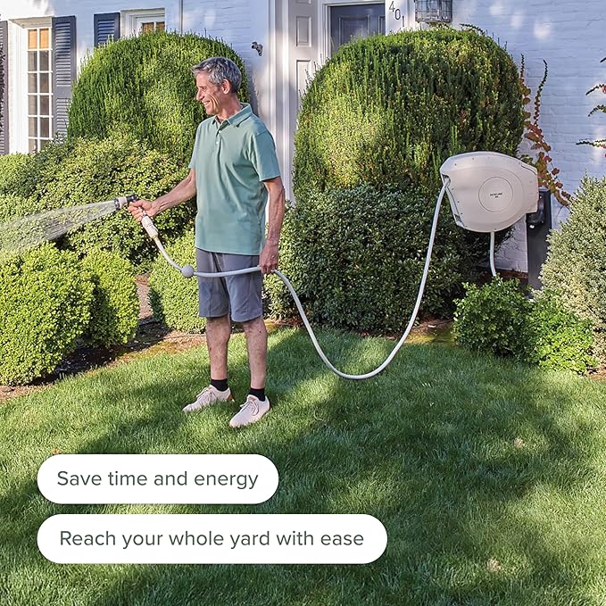 HOSELINK Classic Beige 50ft Hi-Flow Automatic Retractable Garden Hose Reel, 9/16”, 8-Pattern Spray Nozzle, UV-Stabilized Kink-Free Hose, Wall Mounted Watering Solution for Backyard, Garden & Outdoor