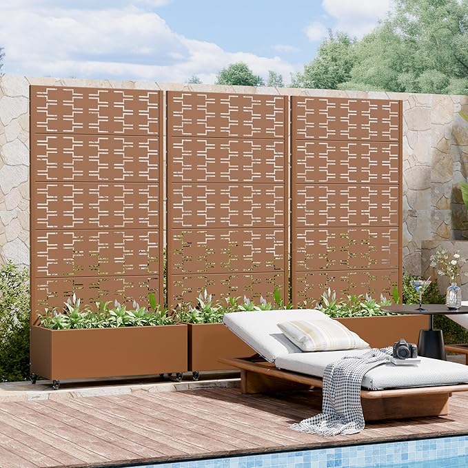 Casaphoria Metal Raised Garden Bed with Trellis and Wheels, 72"x35"x16" Planter Box for Climbing Plants, Vegetables & Vines, Features Drainage Holes and Privacy Screen, Brown-Brick
