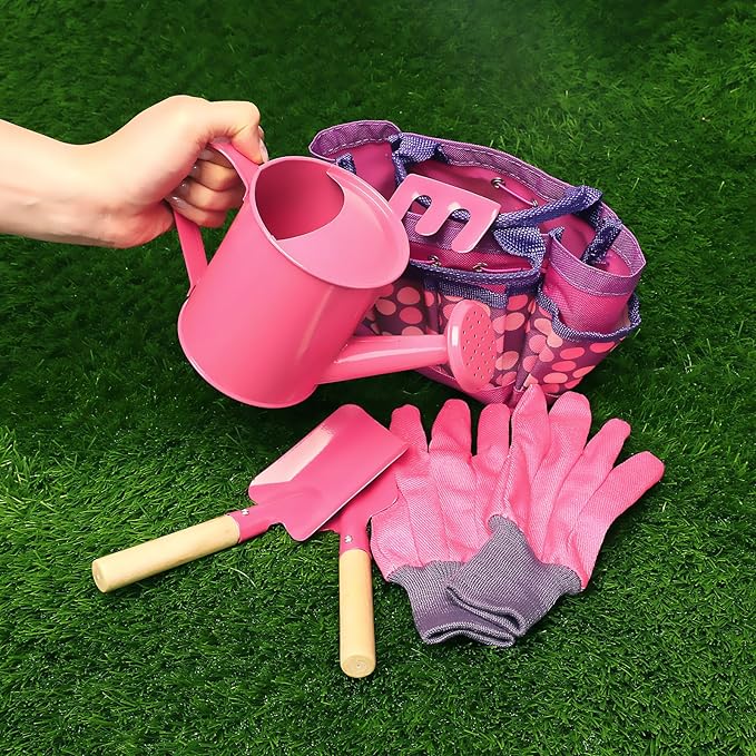 Kids Gardening Tools Set, Toddler Play Kit Child Outdoor Toy with Gloves, Watering Can, Metal Shovel, Rake, Spade & Storage Bag, Backyard Sand Digging Holiday Birthday Gift for Boy Girl 3 4 5 (Pink)