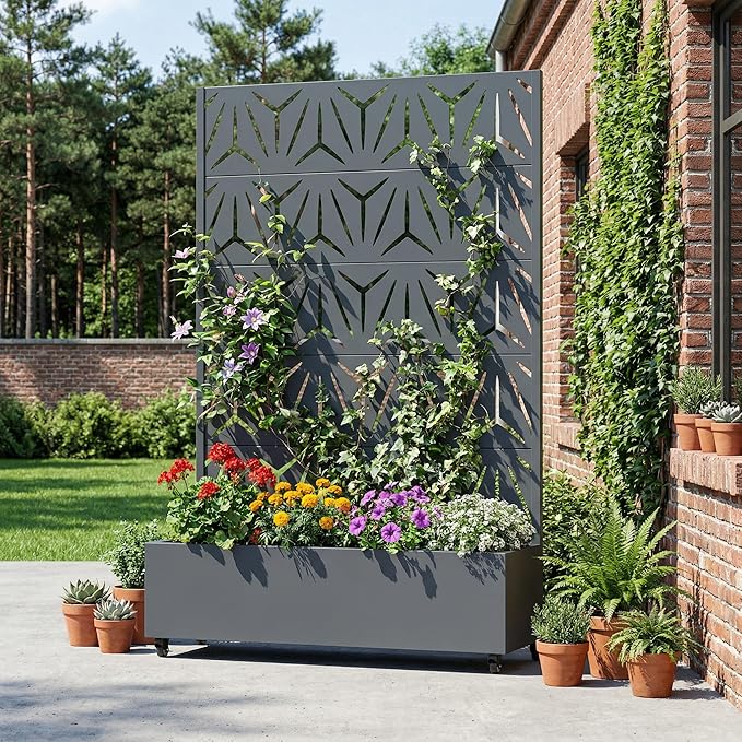 Casaphoria Metal Raised Garden Bed with Trellis and Wheels, 72"x47"x16" Arched Planter Box for Climbing Plants, Vegetables & Vines, Features Drainage Holes and Privacy Screen, Grey-Star