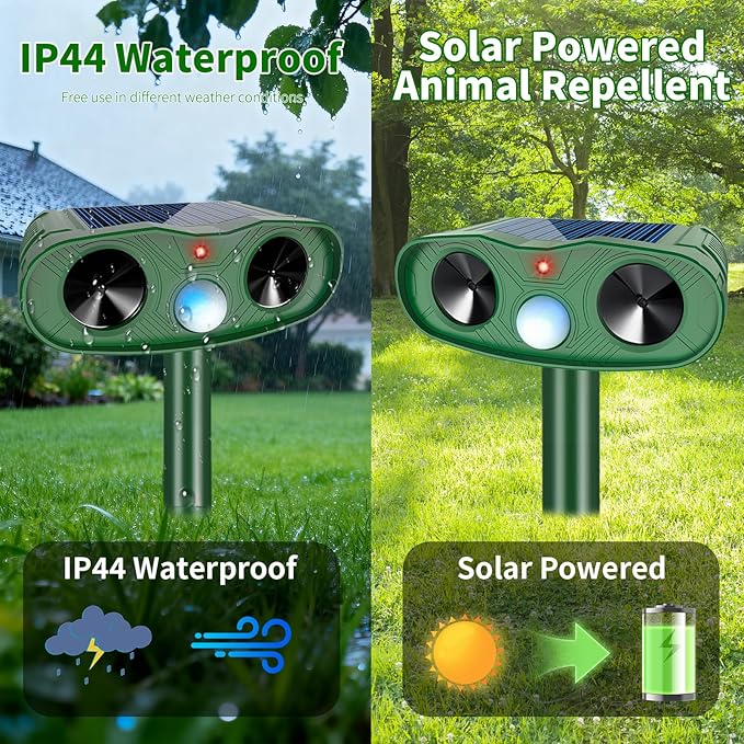 2026 Solar Ultrasonic Animal Repellent Outdoor Deer Repellent Devices, 4Pack Cat Repellent Outdoor with Motion Sensor, Squirrel Repeller to Scare Squirrel Rabbit Deterrent for Yard Farm