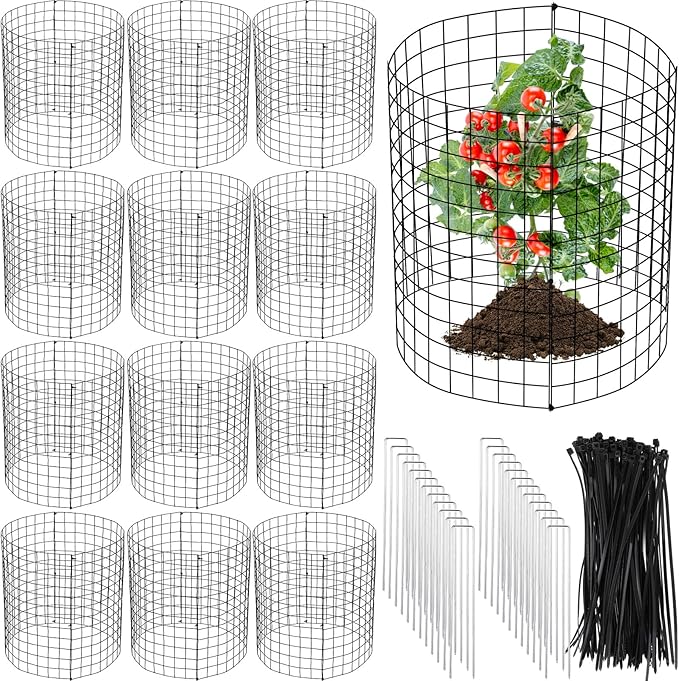 Zubebe 12 Sets Wire Plant Protector from Animals 14" H x 12.8" D Metal Mesh Plant Cage Sturdy Garden Bunny Barricades Chicken Wire Cloche for Vegetables with Ground Stakes and Nylon Ties