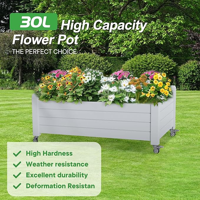 Elevated Raised Garden Bed with Wheels, Outdoor Large Resin Patio Planter Box Stand Divisible with Drain Plug,Water Monitor for Plants Vegetables Flowers Fruits(Ashen)