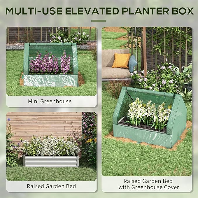 Outsunny 4 x 3 x 1ft Raised Garden Bed with Mini Greenhouse, Galvanized Outdoor Planter Box with Cover, for Herbs and Vegetables, Use for Patio, Garden, Balcony, Green Cover and Silver Planter