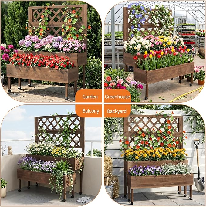 Garvee Raised Garden Bed with Trellis & Wheels, 2-Tier Outdoor Wooden Elevated Planter Box with Legs & Drainage Holes, Vertical Planter Box Stand for Backyard, Patio, Balcony, Brown
