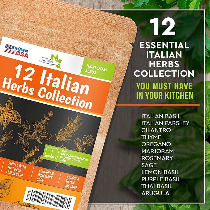 12 Italian Herb Seeds Pack - Heirloom and Non GMO, Grown in USA - Indoor or Outdoor Garden - Four Basil Varieties and Parsley, Cilantro, Rosemary, Thyme, Oregano, Marjoram, Sage, Arugula