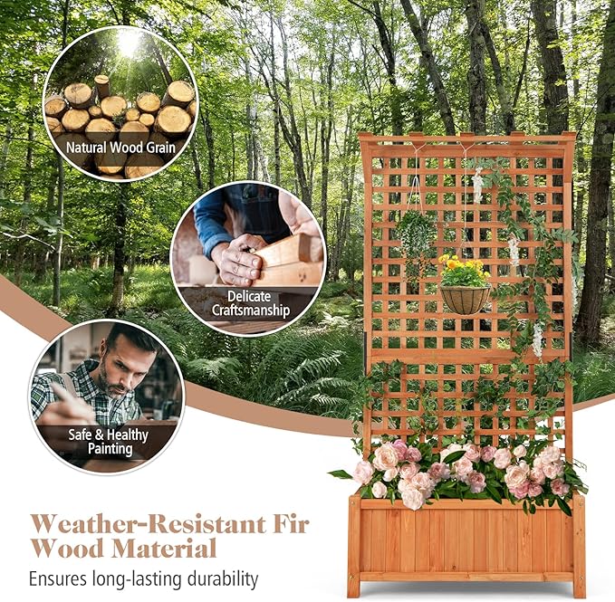 Wooden Planter Box with Trellis, 72.5” Freestanding Garden Planter w/Hanging Roof, 4 Drainage Holes & Lattice Panel, Raised Garden Bed with Trellis for Vine Climbing Plants Flowers (1)