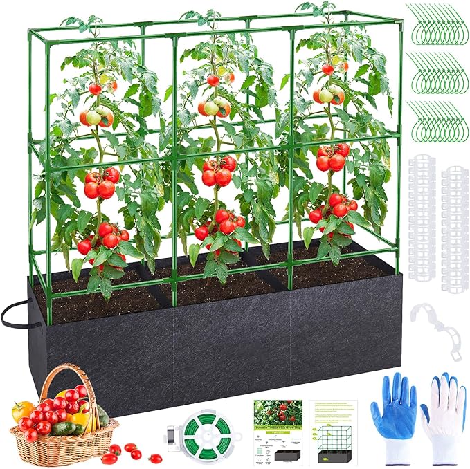 51x17x49 Inch Garden Tomato Cages with 46 Gallon Grow Bags, Square Plant Support Trellis Assembled with Planter Bags, Garden Cucumber Vegetables Frames for Vertical Climbing Plants