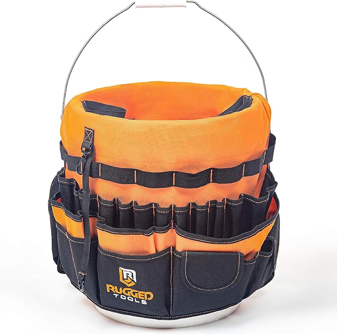 Rugged Tools Bucket Tool Organizer - 64 Pocket Bucket Caddy for 5 Gallon Buckets - Liner Insert for Construction, Garden, Carpenter
