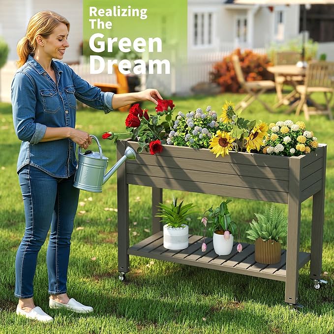 Raised Garden Bed with Legs, 33.66" Tall Self-Watering Resin Planter Box with Lockable Wheels Drainage Plug and Gauge for Vegetables, Flowers, Storage Shelf for Tools and Accessories (Grey)